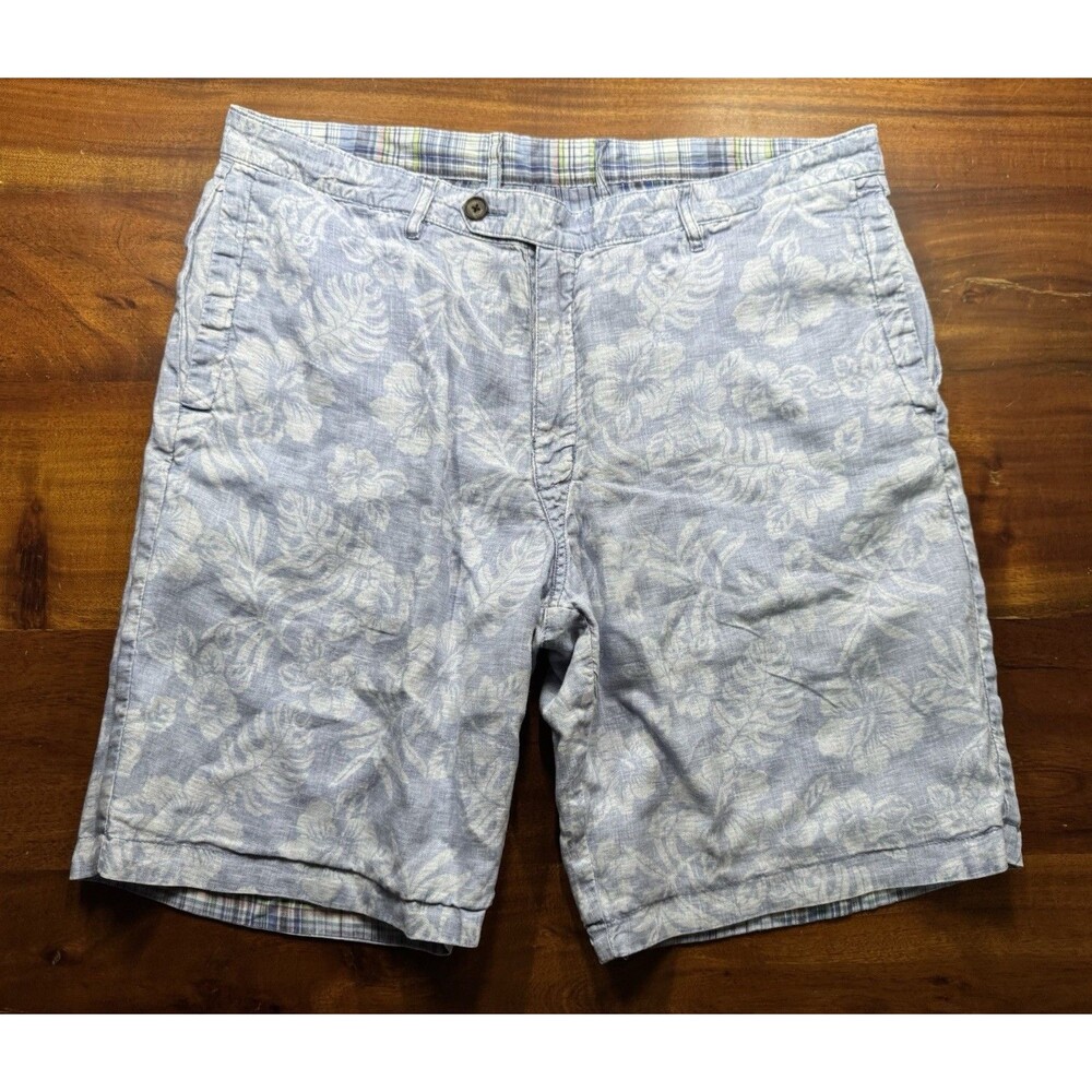 Tommy Bahama Reversible Shorts Mens 38 100% Linen Tropical Floral Plaid Blue